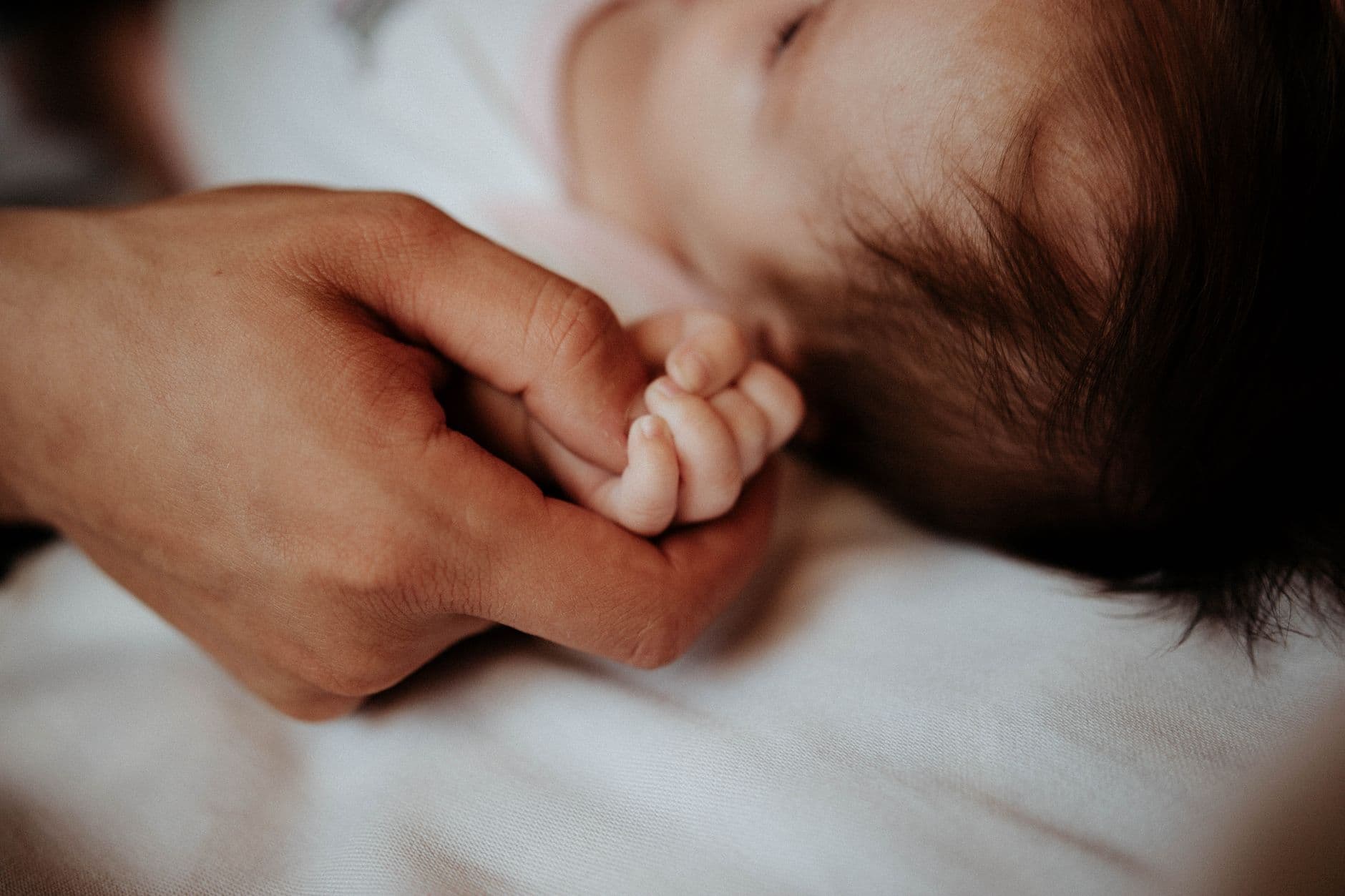 Primer plano de la mano de un bebé recién nacido sostenida por la mano de un adulto